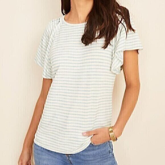 NEW NWT ANN TAYLOR Stripe Flutter Sleeve Tee White Aqua Blue Short Sleeve Knit S - Picture 1 of 12